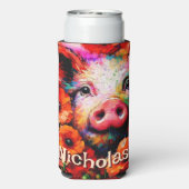 印象派の豚の赤いケシのパーソナライズされた花 スリム缶クーラー (Seltzer裏面)