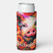 印象派の豚の赤いケシのパーソナライズされた花 スリム缶クーラー (Seltzer正面)