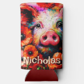 印象派の豚の赤いケシのパーソナライズされた花 スリム缶クーラー (裏面)