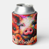 印象派の豚の赤いケシのパーソナライズされた花 缶クーラー (缶正面)