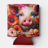 印象派の豚の赤いケシのパーソナライズされた花 缶クーラー (裏面)