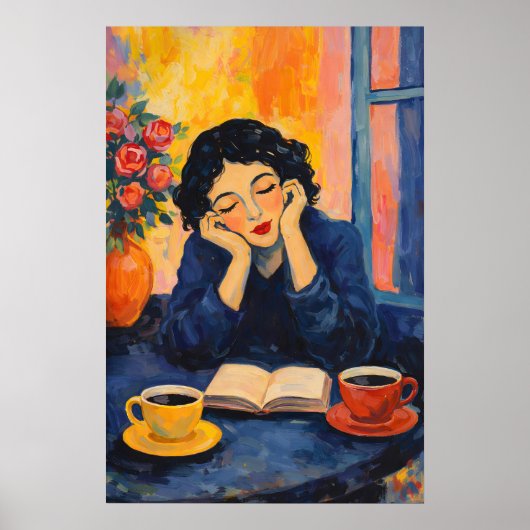 印象派の風情 コーヒーを読む女性のポスター ポスター (正面)