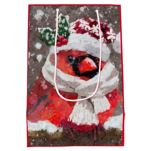 印象派の(鳥)ショウジョウコウカンチョウバードスカーフ&ハットで雪 ミディアムペーパーバッグ (裏面)