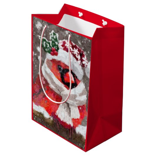 印象派の(鳥)ショウジョウコウカンチョウバードスカーフ&ハットで雪 ミディアムペーパーバッグ (裏面アングル)