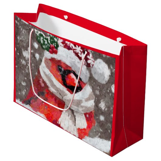 印象派の（鳥）ショウジョウコウカンチョウバードスカーフ&ハットで雪 ラージペーパーバッグ (正面アングル)