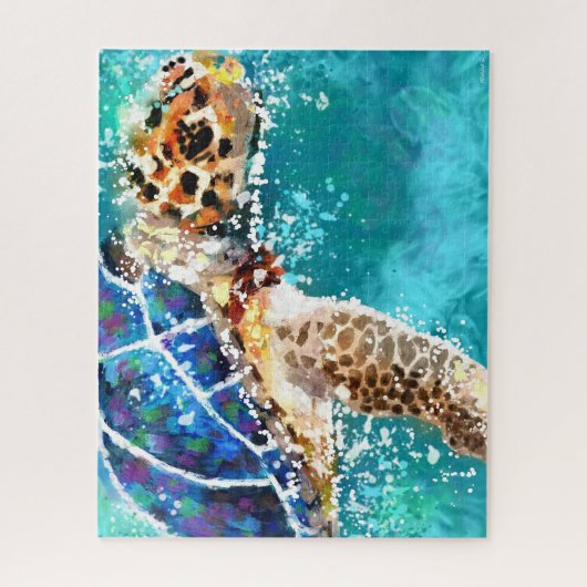 印象派ウミガメ熱帯航海のティール(緑がかった色) ジグソーパズル (縦)