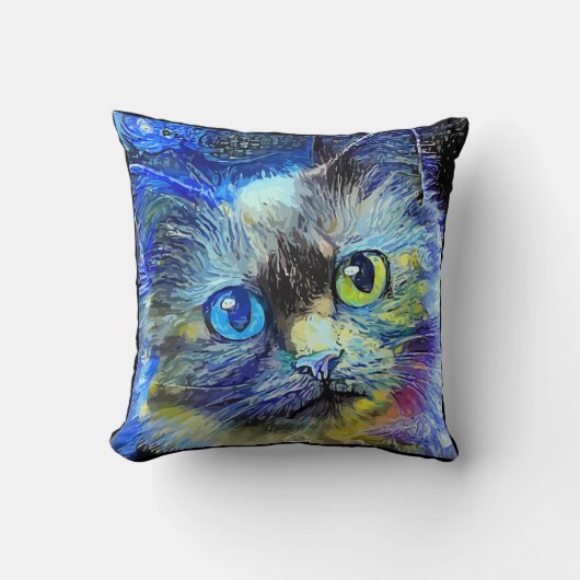 印象派キャットポートレートブルーイエローブラック クッション (正面)