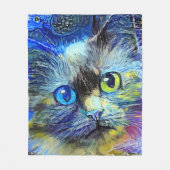 印象派キャットポートレートブルーイエローブラック フリースブランケット (正面)