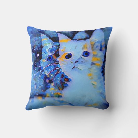 印象派スタイルの子猫アート 猫好きのためのブルー クッション (裏面)
