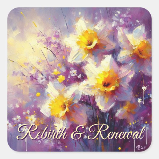印象派ダフォディルフローラ紫イエローアート スクエアシール (正面)