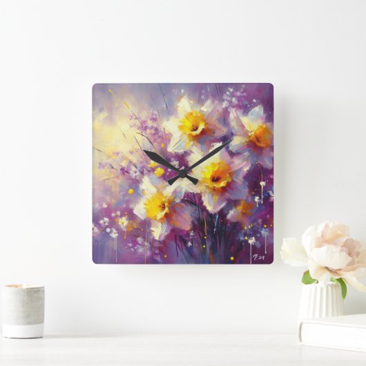 印象派ダフォディルフローラ紫イエローアート スクエア壁時計 (ホーム)