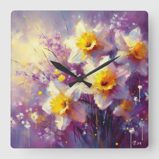 印象派ダフォディルフローラ紫イエローアート スクエア壁時計 (正面)