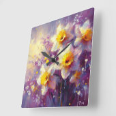 印象派ダフォディルフローラ紫イエローアート スクエア壁時計 (傾斜)