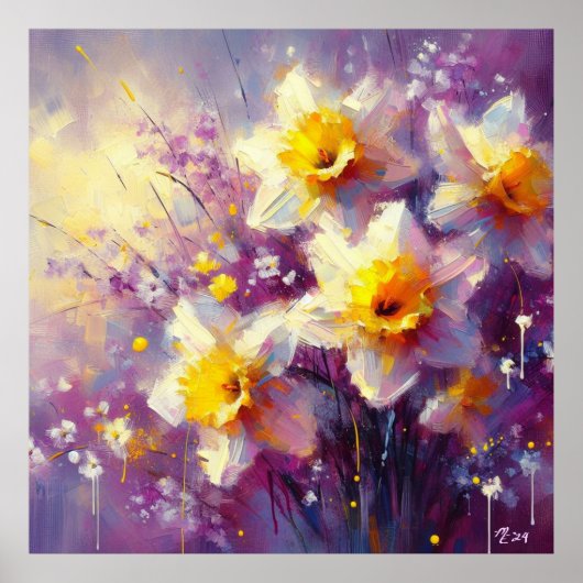 印象派ダフォディルフローラ紫イエローアート ポスター (正面)