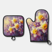 印象派ダフォディルフローラ紫イエローアート 鍋つかみ&鍋敷きセット (正面)