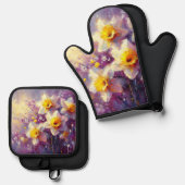 印象派ダフォディルフローラ紫イエローアート 鍋つかみ&鍋敷きセット (正面/裏面)
