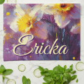 印象派ダフォディルフローラ紫パーソナライズされた キッチンタオル (折り畳み)