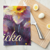印象派ダフォディルフローラ紫パーソナライズされた キッチンタオル (四つ折り)