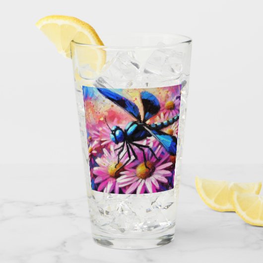 印象派トンボがピンクデイジーフローラ タンブラーグラス (アイス正面)