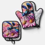 印象派トンボがピンクデイジーフローラ 鍋つかみ&鍋敷きセット (正面/裏面)