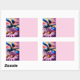 印象派トンボがピンクデイジーフローラ 長方形シール