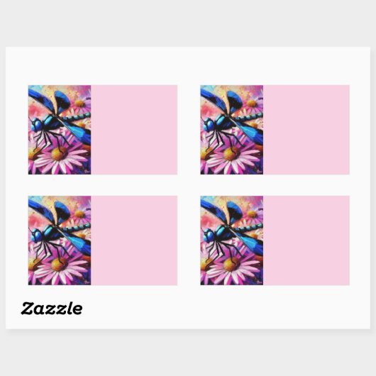 印象派トンボがピンクデイジーフローラ 長方形シール (シート)