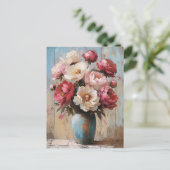 印象派ピンクの花々青い花瓶 ポストカード (スタンド正面)