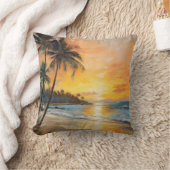 印象派フランスの:夕日のビーチとヤシの木 クッション (ブランケット)