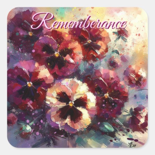 印象派マルーンのパンジー絵を描フローラ スクエアシール (正面)