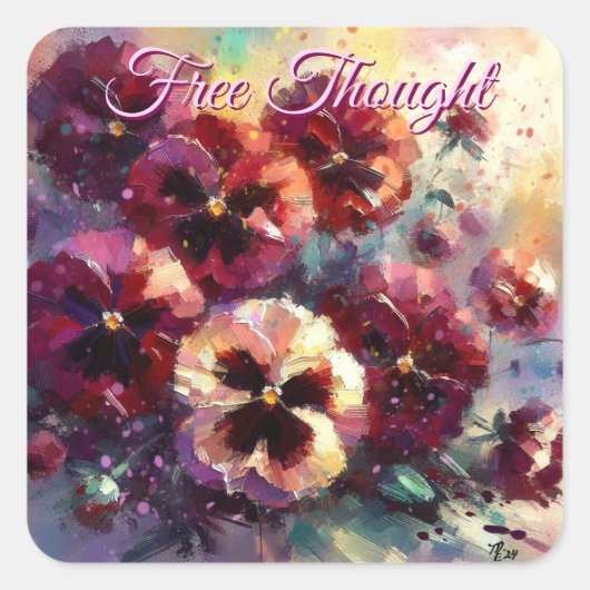 印象派マルーンのパンジー絵を描フローラ スクエアシール (正面)