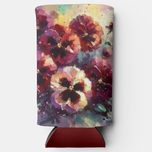 印象派マルーンのパンジー絵を描フローラ スリム缶クーラー (正面)