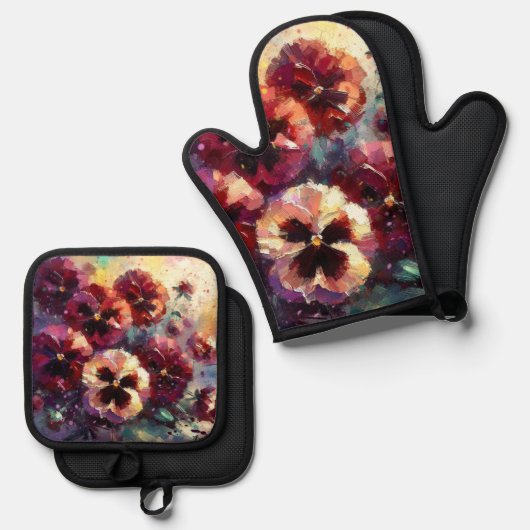 印象派マルーンのパンジー絵を描フローラ 鍋つかみ&鍋敷きセット (正面/裏面)