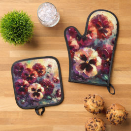 印象派マルーンのパンジー絵を描フローラ 鍋つかみ&鍋敷きセット