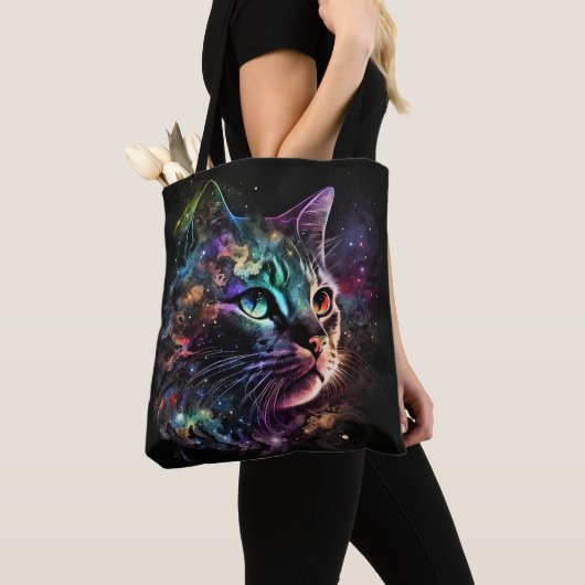 印象派風の暗い銀河の猫と星 トートバッグ (クローズアップ)