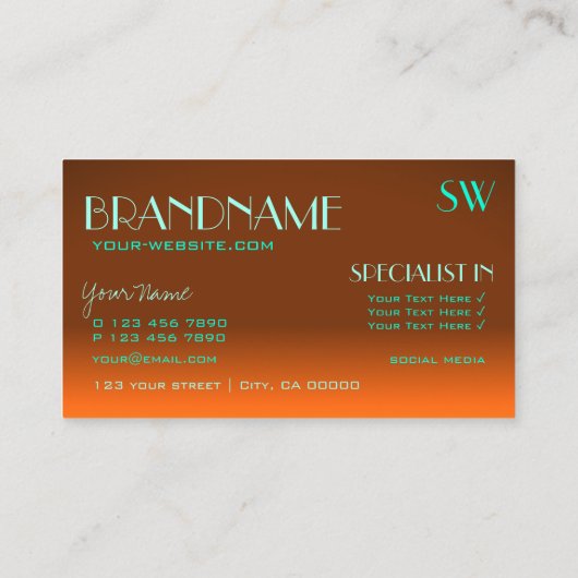 印象的なオレンジとティール（緑がかった色）鏡フォントとモノグラム 名刺 (裏面)