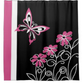 印象的なクランベリーピンクの蝶と花 シャワーカーテン (正面)