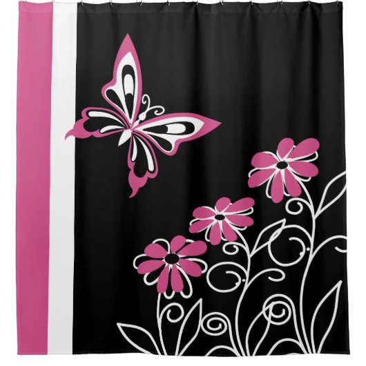 印象的なクランベリーピンクの蝶と花 シャワーカーテン (正面)