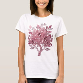 印象的なシルバー PINK LEAF TREE テキストデザイン Tシャツ