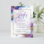 印象的なティール(緑がかった色)パープル抽象芸術食事の選択RSVP 出欠カード (スタンド正面)