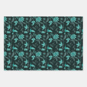 印象的なティール(緑がかった色)ブルーグレーホワイトフローラ- 3セット ラッピングペーパーシート (正面)