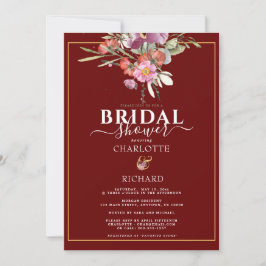 印象的なピンクの花モチーフ ゴールドの「＆」記号 ウェディングシャワー 招待状