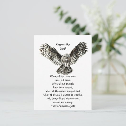 印象的なフクロウリスペクトアース先住民アメリカ引用文 ポストカード (スタンド正面)