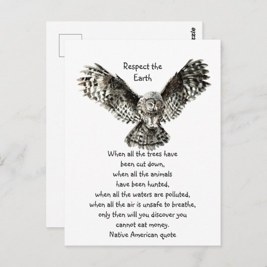 印象的なフクロウリスペクトアース先住民アメリカ引用文 ポストカード (正面/裏面)