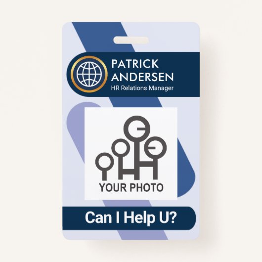 印象的なブルーストライプの会社スタッフの写真バッジ バッジ (正面)