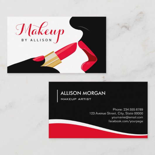 印象的なメイクアップアーティストのホットレッドリップスリップスティック 名刺 (正面/裏面)