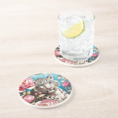 印象的なユキヒョウの視線とピンクの牡丹 コースター (側面)