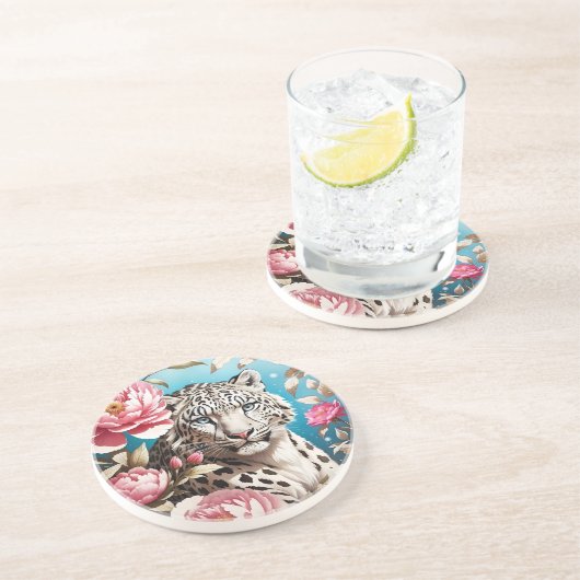 印象的なユキヒョウの視線とピンクの牡丹 コースター (側面)