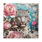 印象的なユキヒョウの視線とピンクの牡丹 タイル (正面)