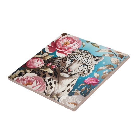印象的なユキヒョウの視線とピンクの牡丹 タイル (側面)