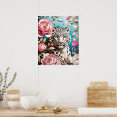 印象的なユキヒョウの視線とピンクの牡丹 ポスター (キッチン)